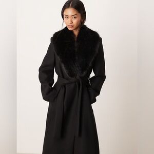Mango Black Trench Coat with Removable Faux Fur Collar